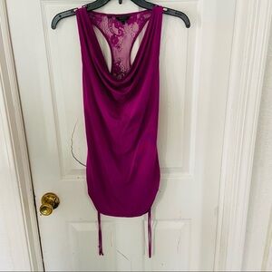 GUESS purple drappy front open back lace stretch blouse Size small